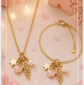 PROMO46- conjunto colar e pulseira coração rosa