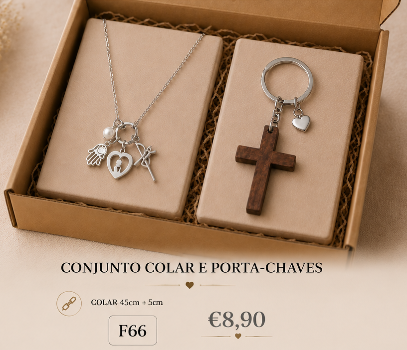 F66, conjunto colar e porta chaves FÉ