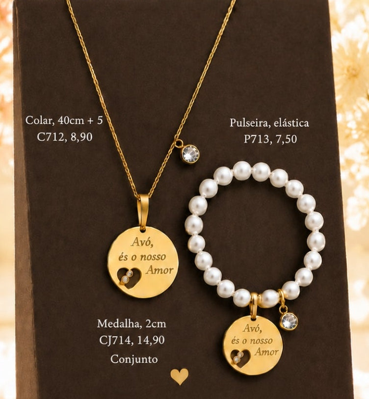 CJ714, conjunto pulseira e colar avó dourado