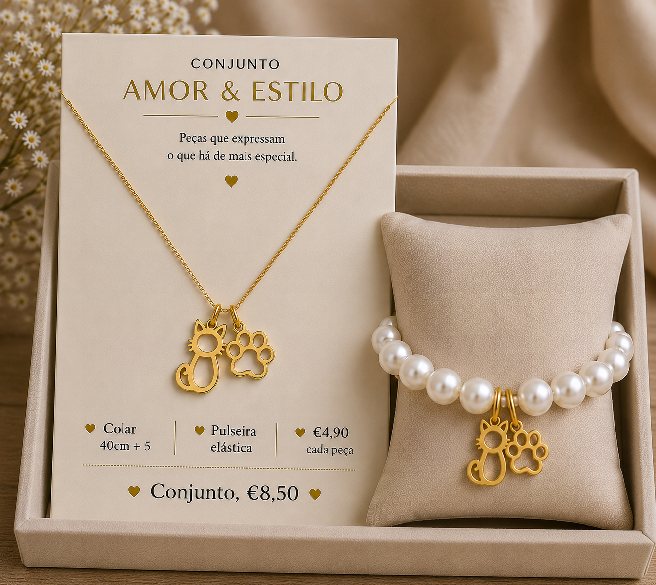 D26- conjunto colar e pulseira gatinho